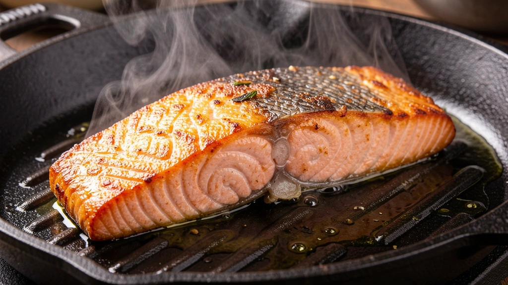 Filete de salmón con piel crujiente dorada en sartén