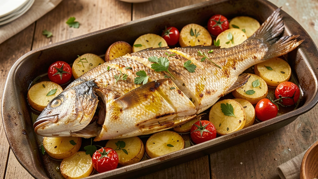 Dorada al horno con patatas, tomate y verduras mediterráneas