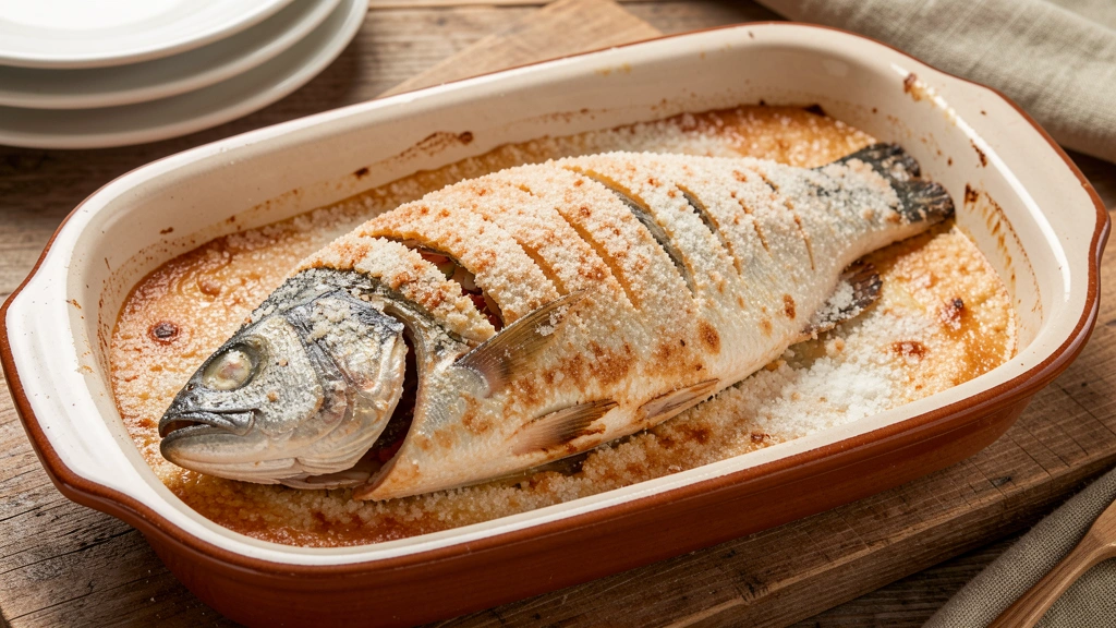 Lubina a la sal entera en fuente de horno con costra de sal