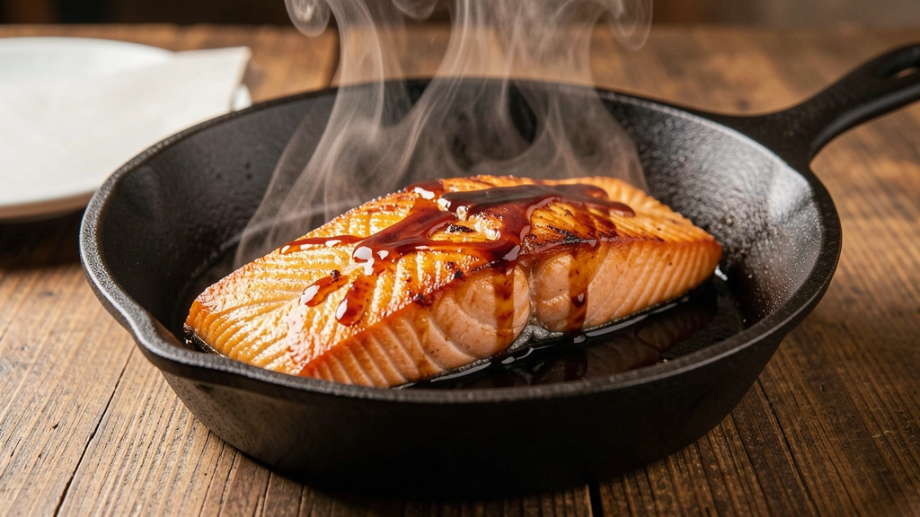 Salmón glaseado con maple y soja lacado y brillante en sartén