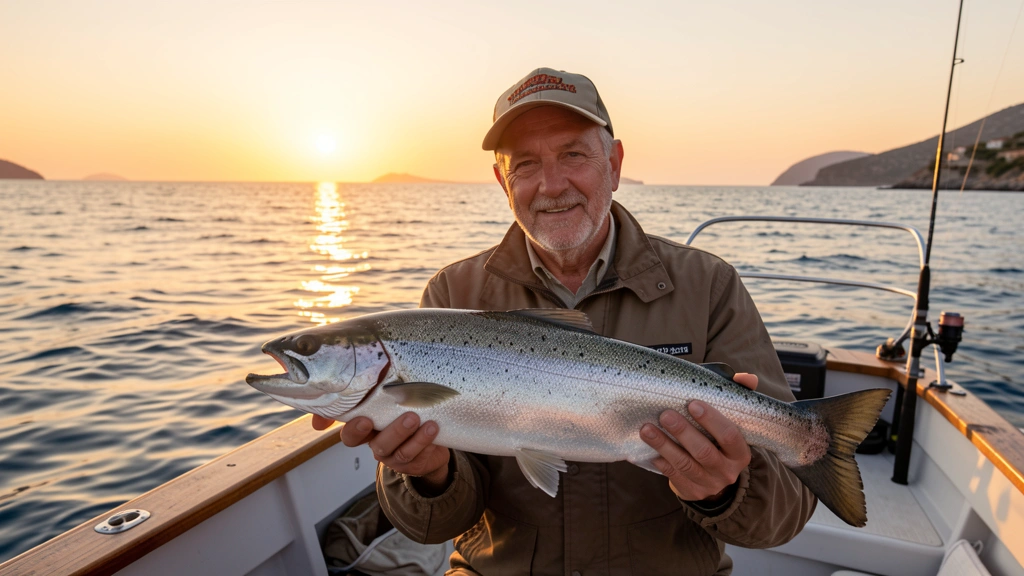 Pescador con captura de lubina en el mar, temporadas de pesca en España